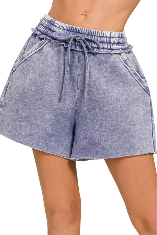 Zenana Acid Wash Fleece Drawstring Shorts With Pockets in Marlin