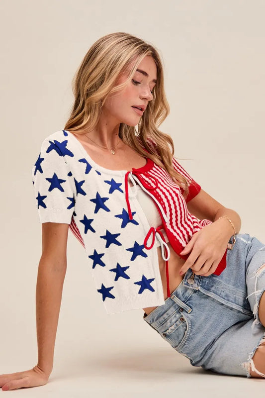 SO ME Stars and Stripe Front Bow Tie Sweater Cardigan