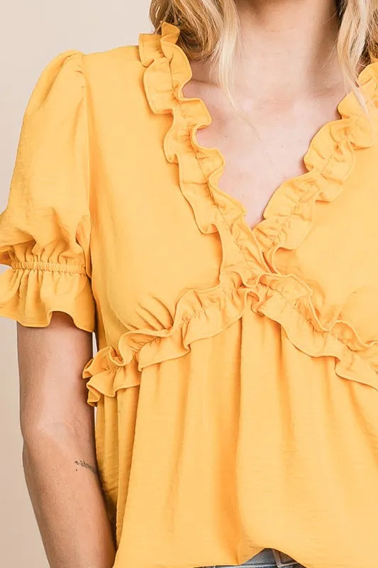 Lime 'N' Chili Solid Ruffled Deep V-Neck Puff Sleeve Babydoll Top in Mango