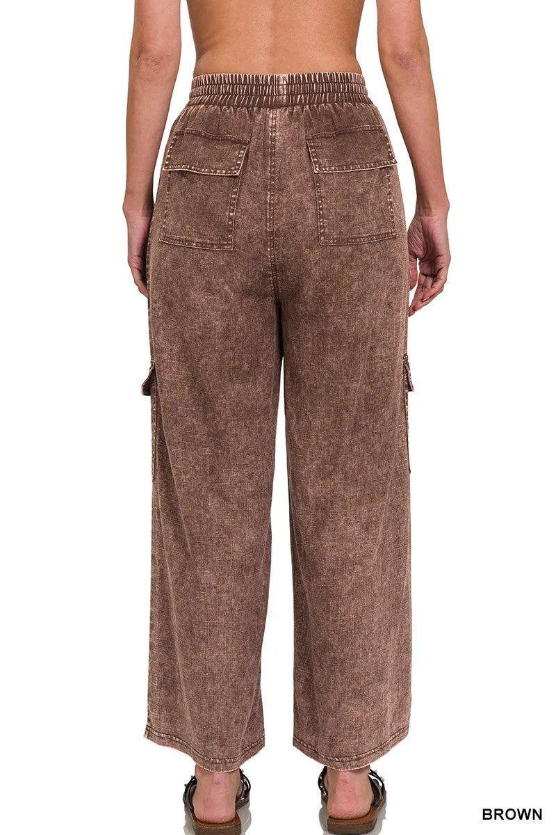 Zenana Washed Linen Elastic Band Waist Cargo Pants