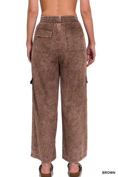 Zenana Washed Linen Elastic Band Waist Cargo Pants