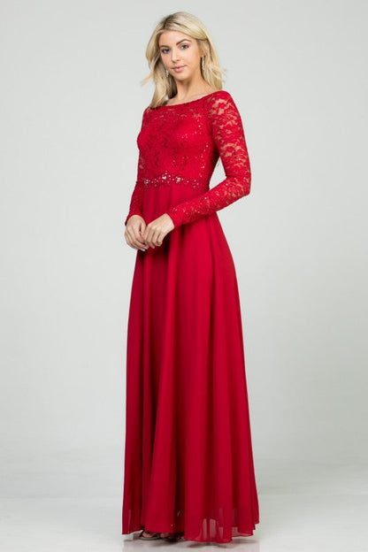 La Scala Long Sleeve Lace and Chiffon A-Line Gown