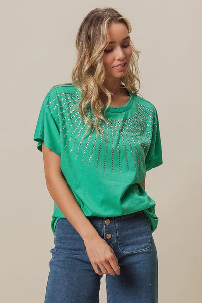 BiBi Rhinestone Beaded Short Sleeve Top in Jade
