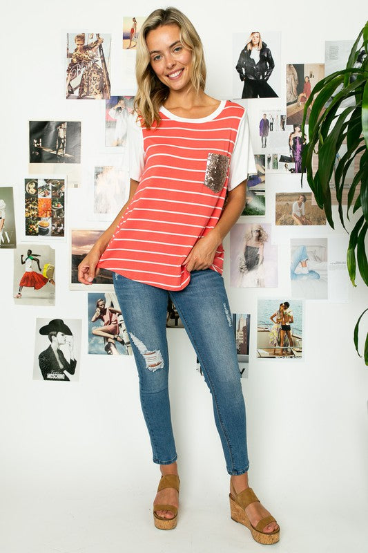 PLUS BIG STRIPE SEQUINS POCKET BOXY TOP