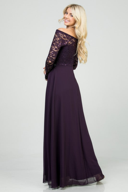 La Scala Long Sleeve Lace and Chiffon A-Line Gown