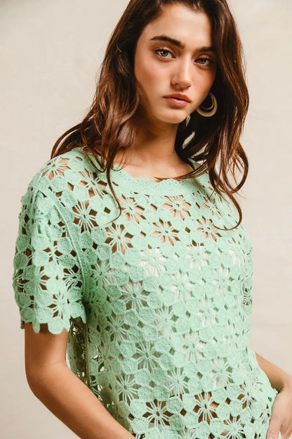 BiBi Openwork Crochet Short Sleeve Knit Top