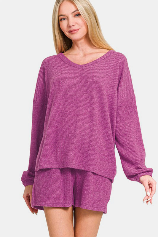 Zenana V-Neck Long Sleeve Ribbed Top and Shorts Set in Red Violet