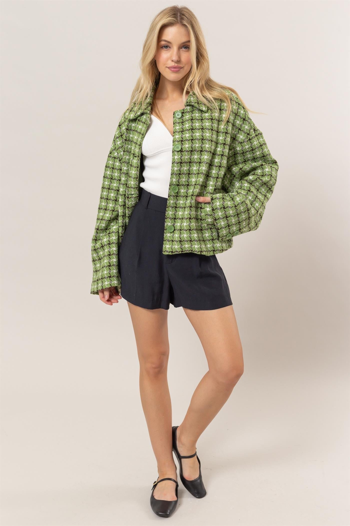 Green Tweed Plaid Button Up Collared Neck Jacket