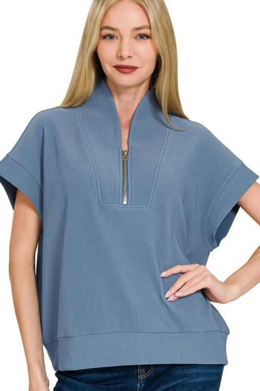 Zenana Ribbed High Neck Half Zip Top in Dusty Blue