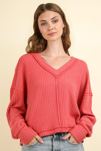 VERY J Exposed Seam Slightly Stretchy V-Neck Ribbed Knit Top