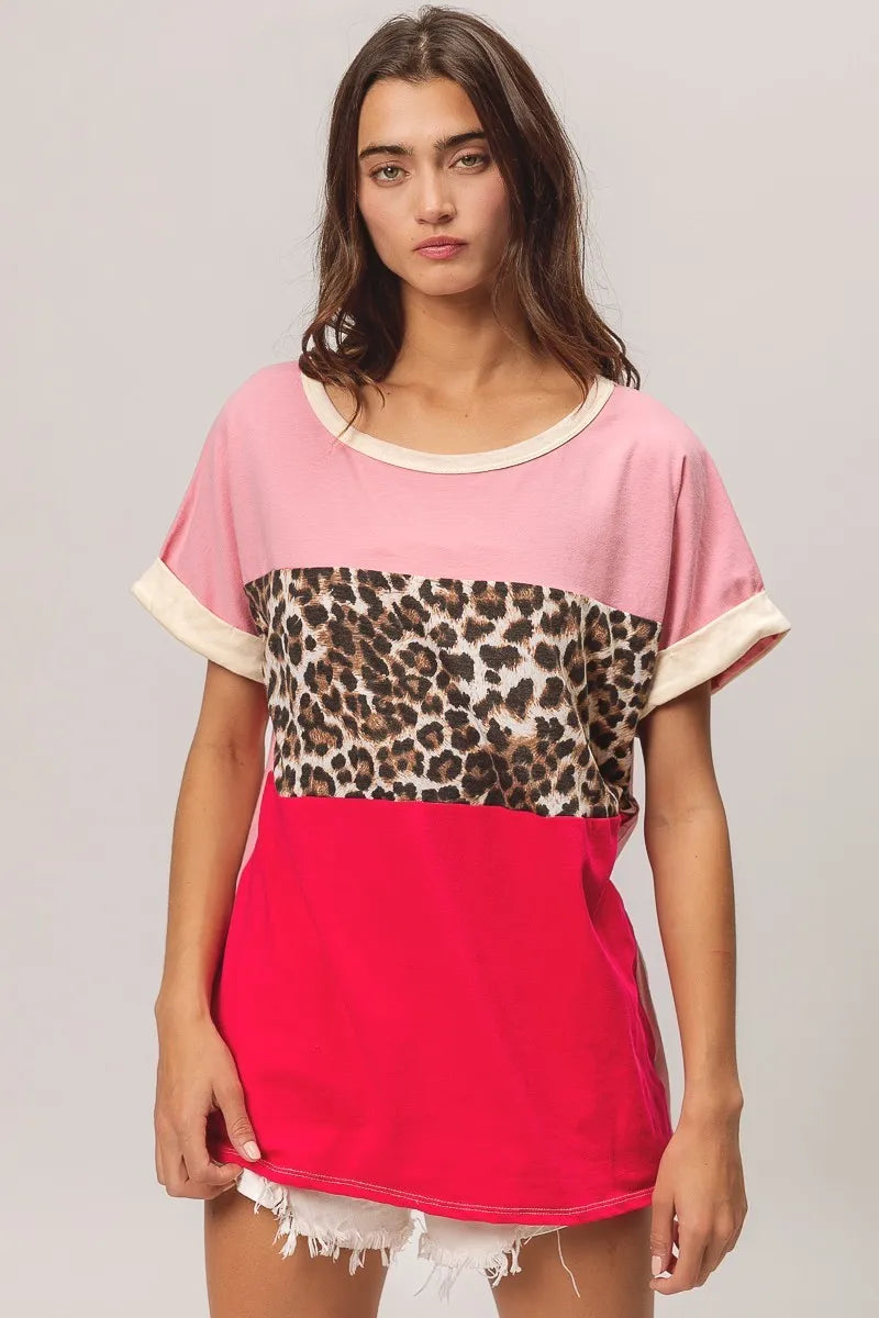 BiBi Leopard Printed Jersey  Color Block Roll Up in Pink