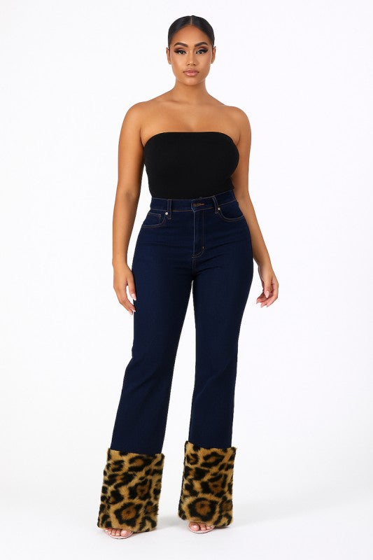 GJG Denim Wide Leg Jeans with Leopard Faux Fur Cuffs