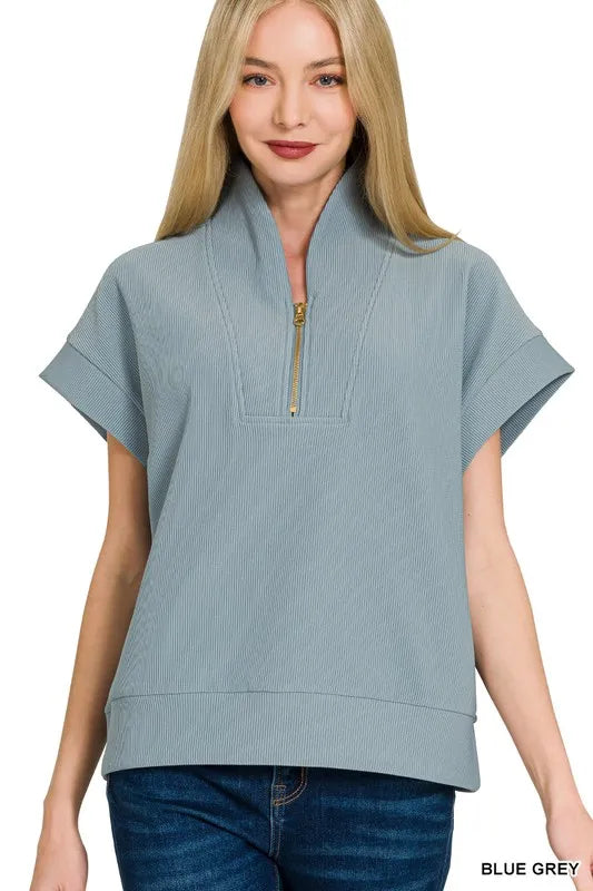 Zenana Ribbed High Neck Half Zip Top in Blue Grey