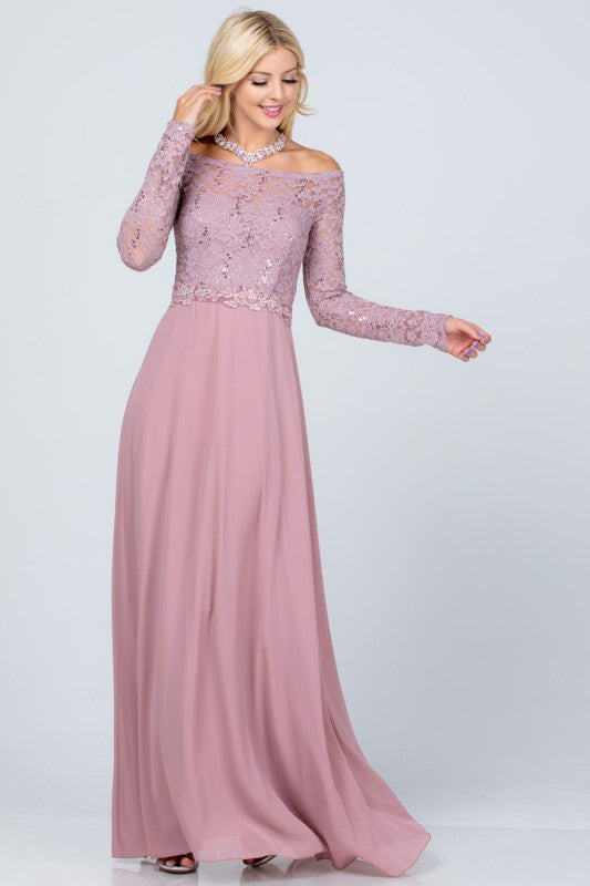 La Scala Long Sleeve Lace and Chiffon A-Line Gown