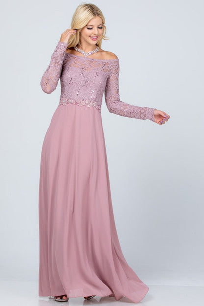 La Scala Long Sleeve Lace and Chiffon A-Line Gown