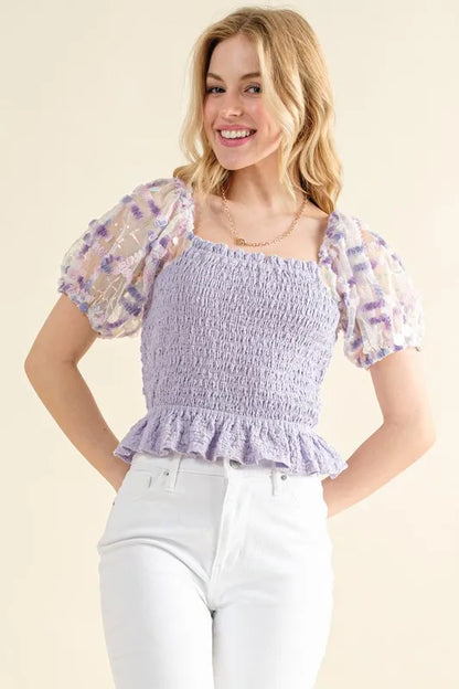And The Why Embellishment Sleeve Smocked Top