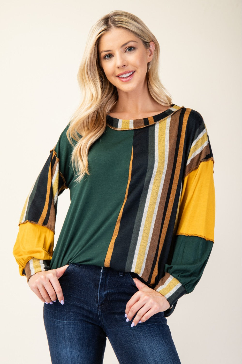 Celeste Full Size Striped Color Block Exposed Seam T-Shirt