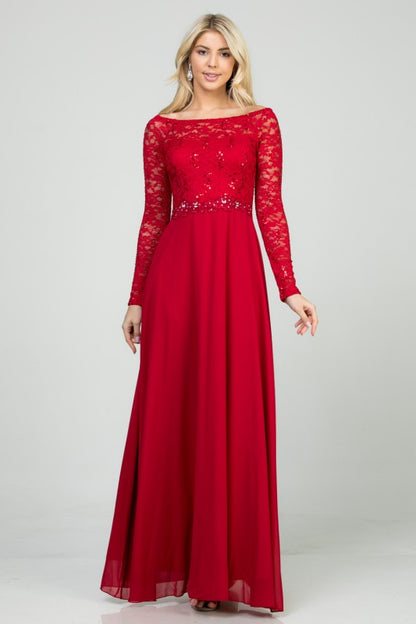 La Scala Long Sleeve Lace and Chiffon A-Line Gown