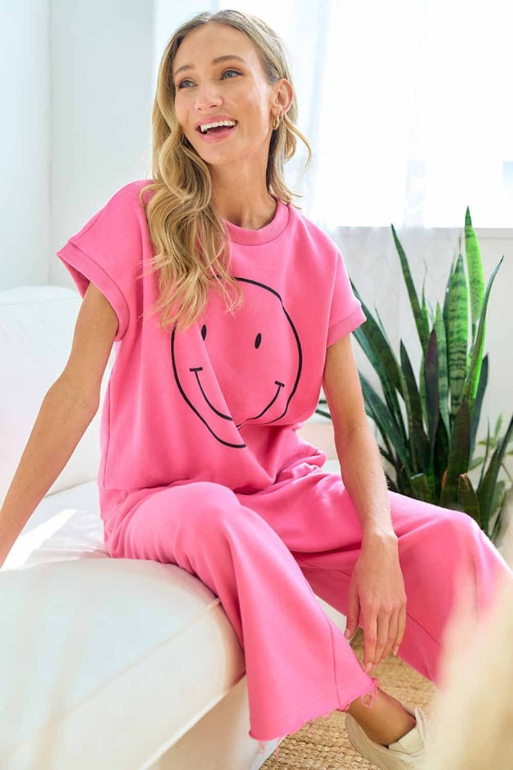 First Love Smile Face Drop Shoulder Brushed Inside T-Shirt