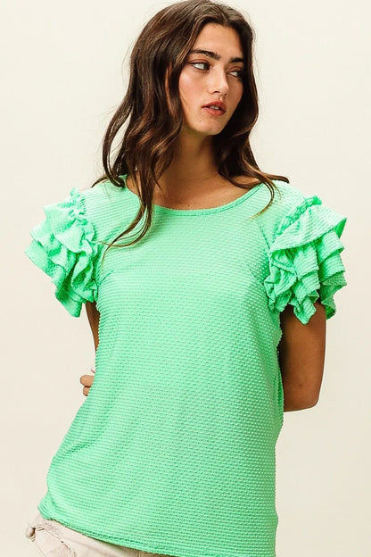 BiBi Birdseye Texture Layered Ruffle Top in Sage