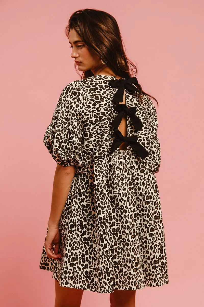 BiBi Leopard Denim Dress With Back Contrast Tie Detail