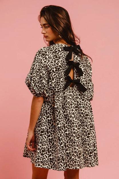 BiBi Leopard Denim Dress With Back Contrast Tie Detail