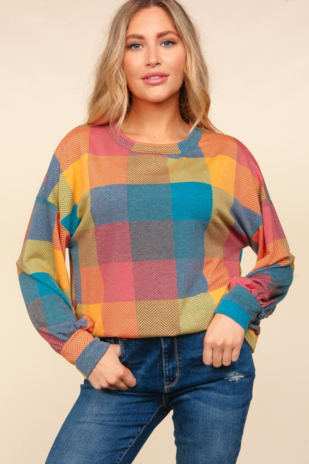 Haptics Contrast Plaid Round Neck Sweater