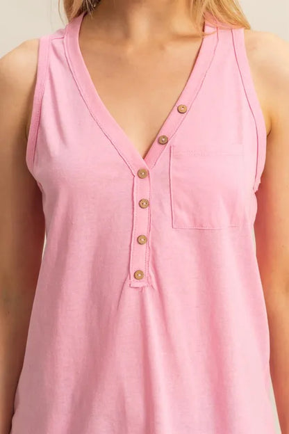 HYFVE Slub Knit Half Button Sleeveless Top in Pink