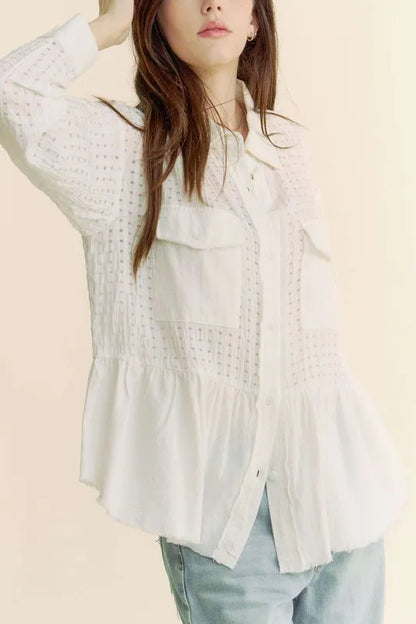 Davi & Dani Garment Washed Jacquard Button Front Shirt in White