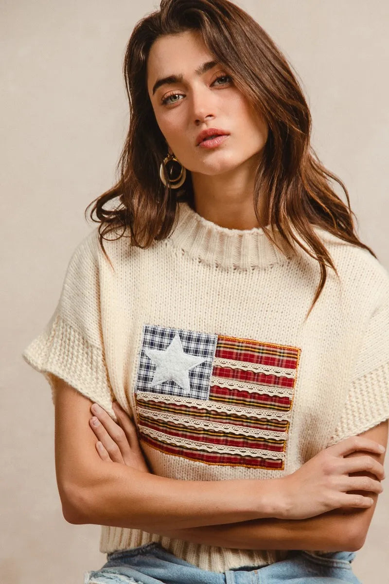 BiBi American Flag Patchwork Drop Shoulder Sweater
