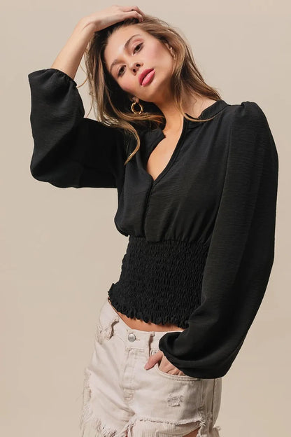BiBi Smoking Waist Band and Puff Sleeves Deep V Neck Top in Black