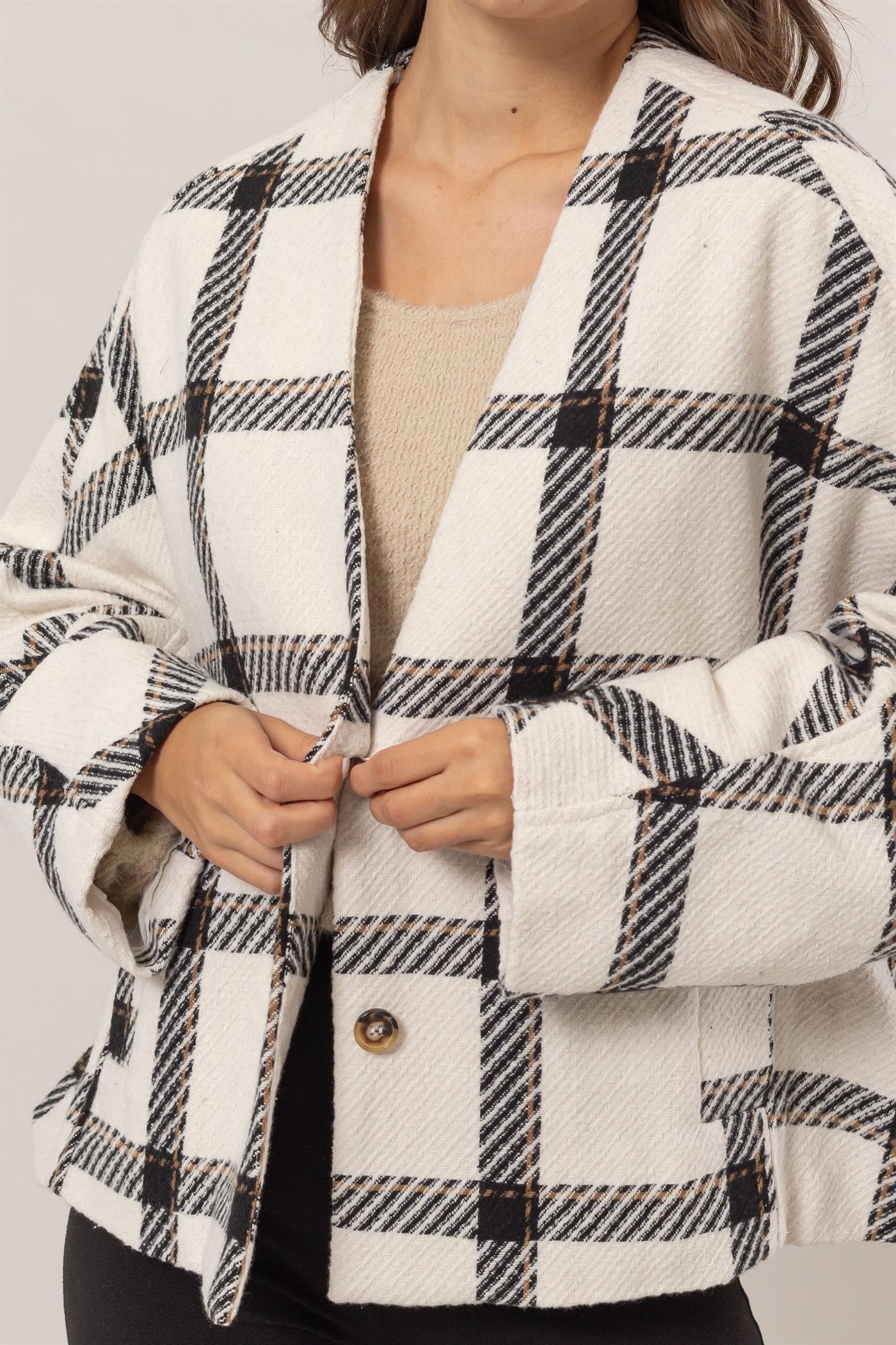 HYFVE Plaid Long Sleeve Jacket with Side Slit Pockets