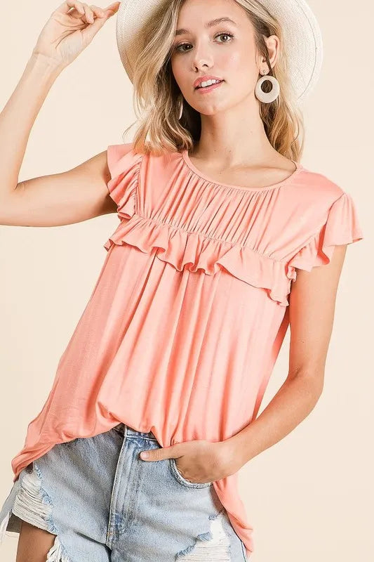 BiBi Jersey Knit Gathered Top with Ruffles in Coral