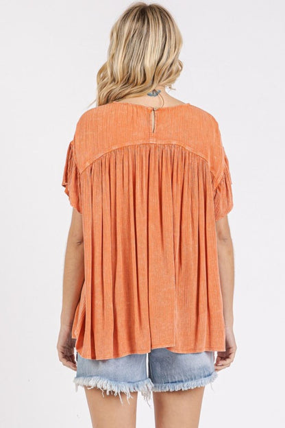 Mittoshop Mineral Washed Round Neck Ruffle Sleeve Blouse