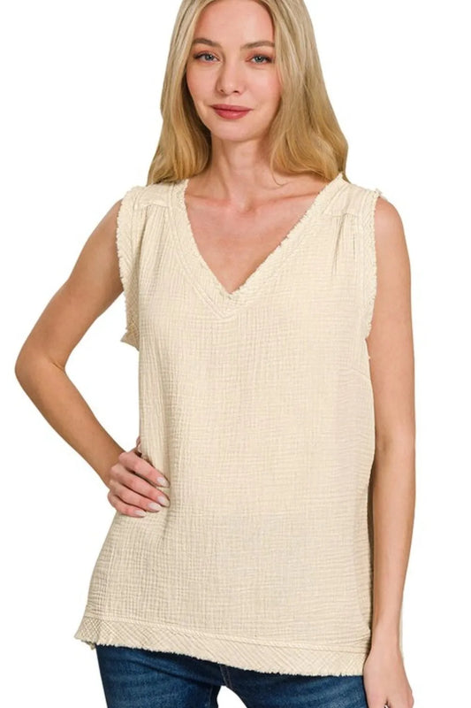 Zenana Double Gauze Raw Edge Acid Washed Tank in Beige