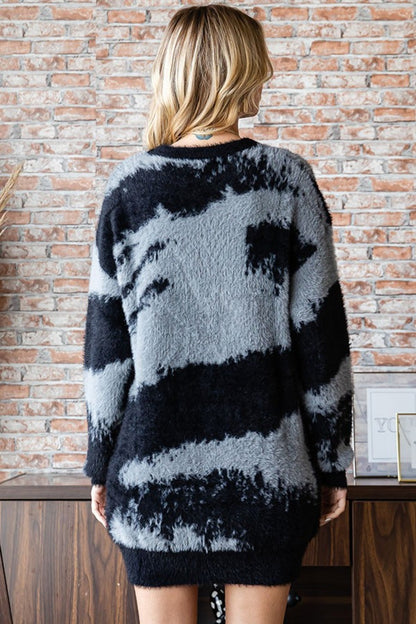 First Love Full Size Abstract Pattern Contrast Feather Yarn Sweater