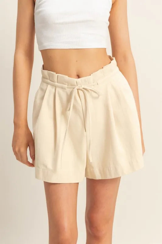 HYFVE High-Waisted Washed Twill Paperbag Shorts in Oatmeal