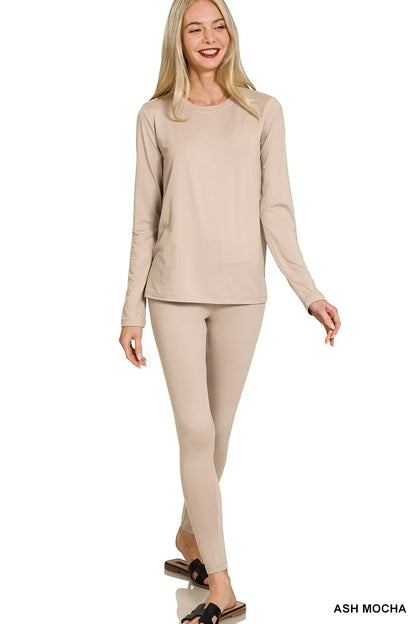 Zenana Microfiber Round Neck Top and Leggings Set in Mocha