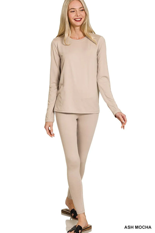 Zenana Microfiber Round Neck Top and Leggings Set in Mocha