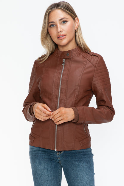 Snobbish PU Leather Biker Jacket with Side Zip Pockets