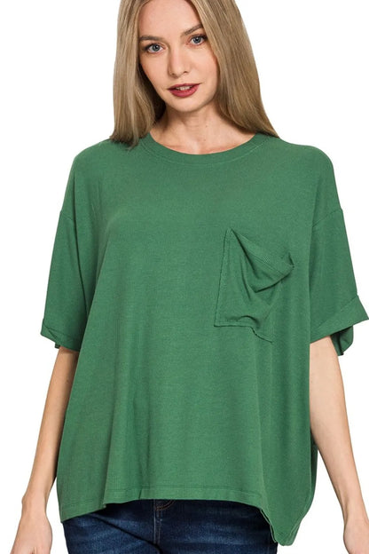 Zenana Oversized Ribbed Round Neck Short Sleeve Tee in Green