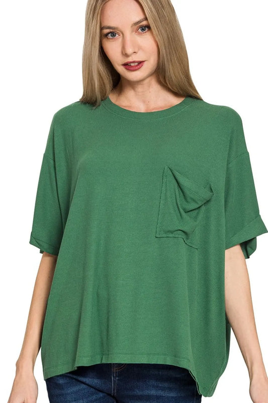 Zenana Oversized Ribbed Round Neck Short Sleeve Tee in Green