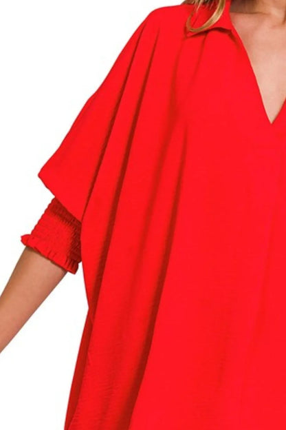 Zenana Airflow Collar Tee with Smocked Sleeve Band Top in Tomato