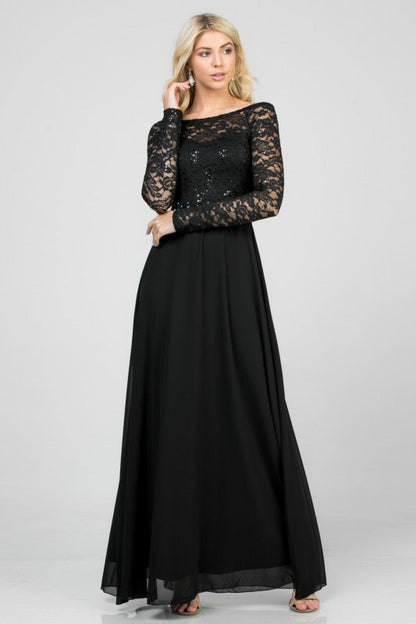 La Scala Long Sleeve Lace and Chiffon A-Line Gown