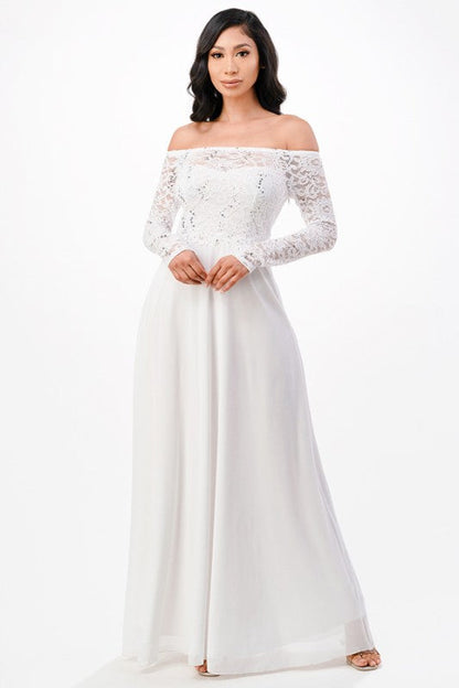La Scala Plus Size Long Sleeve Lace and Chiffon Gown