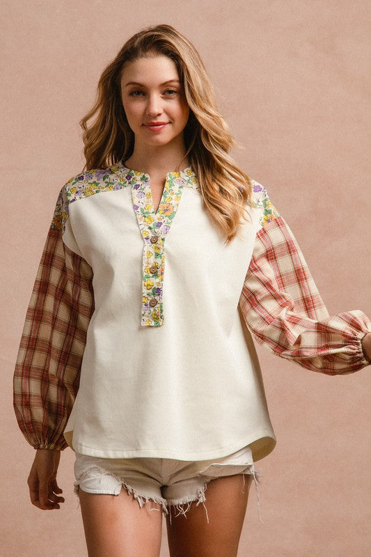 BiBi Floral Notched Plaid Balloon Sleeve Top