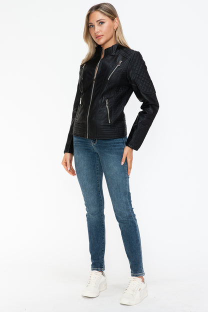 Snobbish Faux Leather Zip Up Mock Neck Jacket