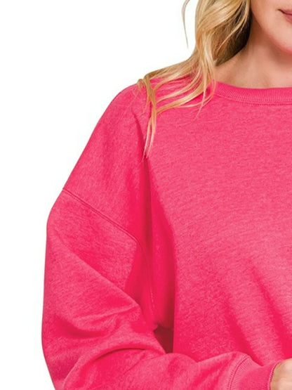 Zenana Fleece Crewneck Long Sleeve Sweatshirt in Fuchsia