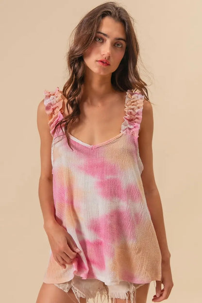BiBi Tie Dye Printed Textured Woven Top with Ruffled Sleeve