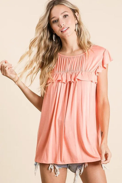 BiBi Jersey Knit Gathered Top with Ruffles in Coral